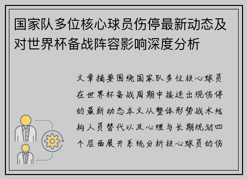 国家队多位核心球员伤停最新动态及对世界杯备战阵容影响深度分析